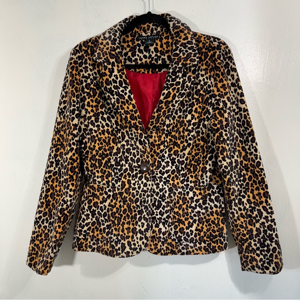 Larry Levine Stretch Corduroy brown Leopard print one button blazer.2 pockets.8